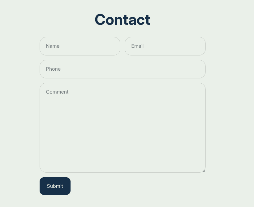 Contact form on our demo Store: Name, Email, Phone and Comment fields drawn with borders so light they almost disappear into the white background.