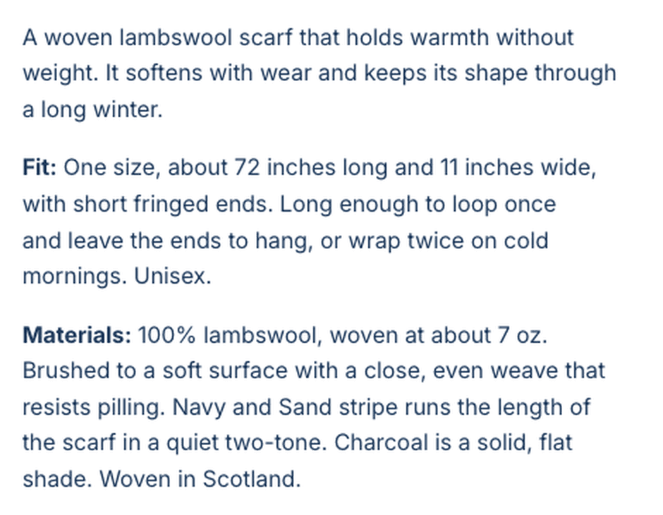 The same product description after the fix, drawn in the Store's dark navy and clearly readable against the white page.